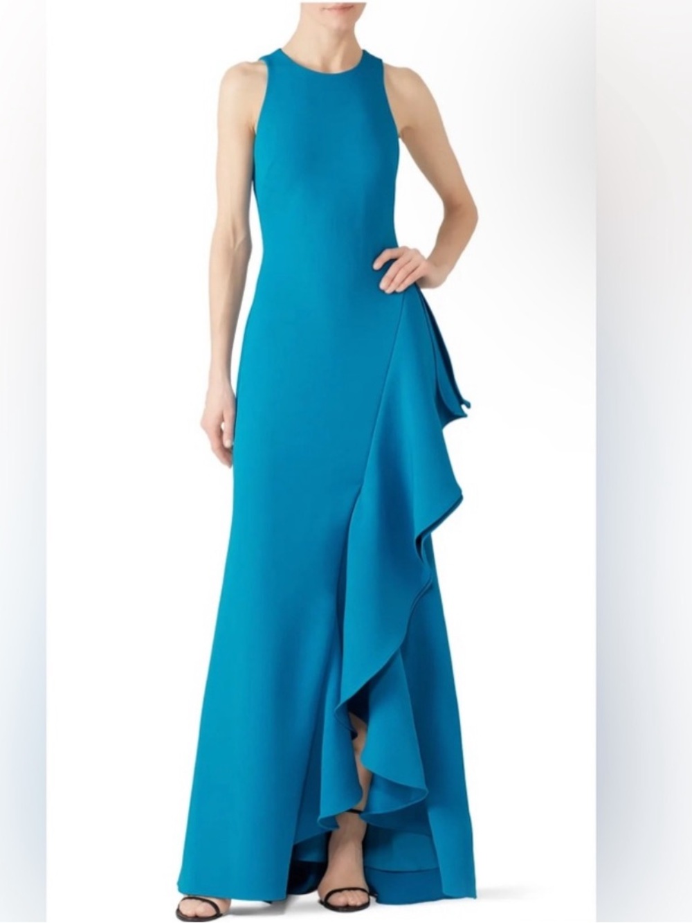 BADGLEY MISCHKA‎ Fluted ruffled stretch-crepe gown , size 10